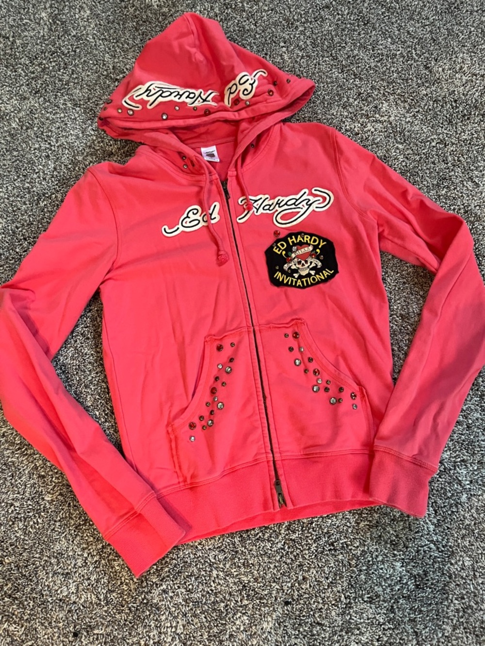 Ed Hardy By Christian Audigier Hoodie Zip Up Y2K Rhinestone Tattoo Jacket